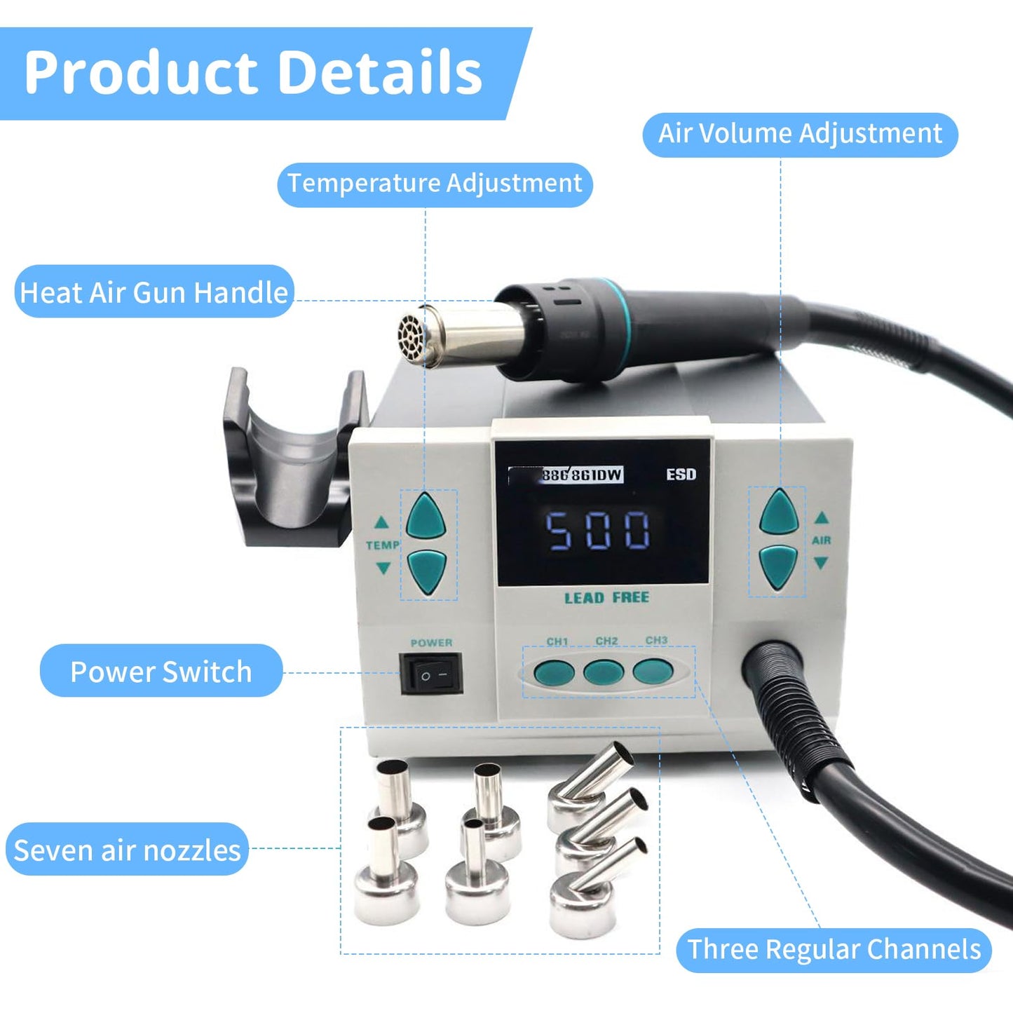 Hot Air Station, 861DW Hot Air Rework Station 110V 1000Watt Digital Display Automatic Sleep Adjustable Temperature Hot Air Soldering Station for Miro Soldering Rework with 7PCS Free Nozzles