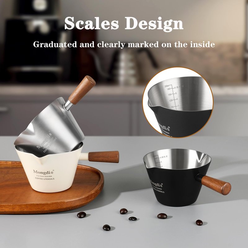 Mongdio Espresso Measuring Cup, Stainless Steel Espresso Shot Cups with Wooden Handle and Double Spouts, 6.8OZ/200ML, White