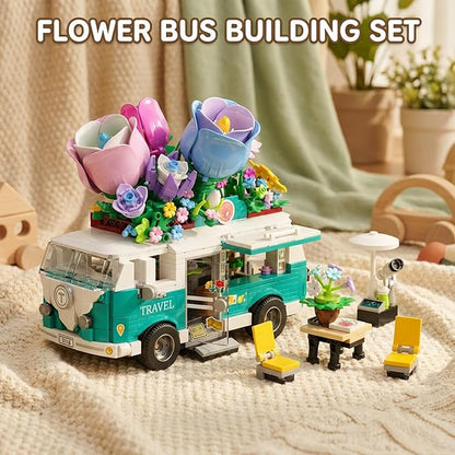 Flower Camper Van Building Set 862 Piece Botanical Travel Bus with Opening Side Cabin Outdoor Table Chairs Creative Gift for Teens Adults Home Decor STEM Educational Assembly Building
