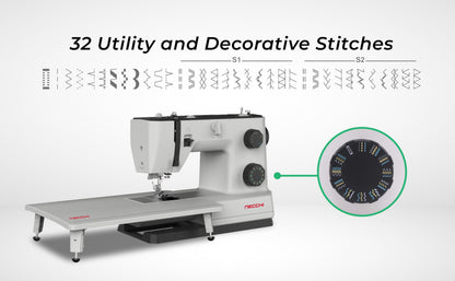 NECCHI Q132A Sewing Machine with Extension Table, Italian Designed, Stainless Steel Metal Bedplate, 32 Built-In Stitches, Accessory Kit Included.