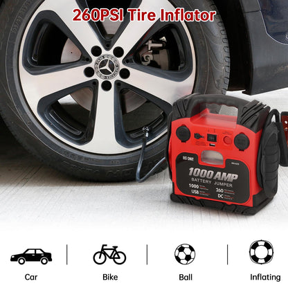 BS ONE 1000 Amp Peak Current Car Jump Stater, 12V Lead Acid Battey Jump Box with 260PSI Air Compressor, Jump Starter Battery Pack with Led Light & USB Output