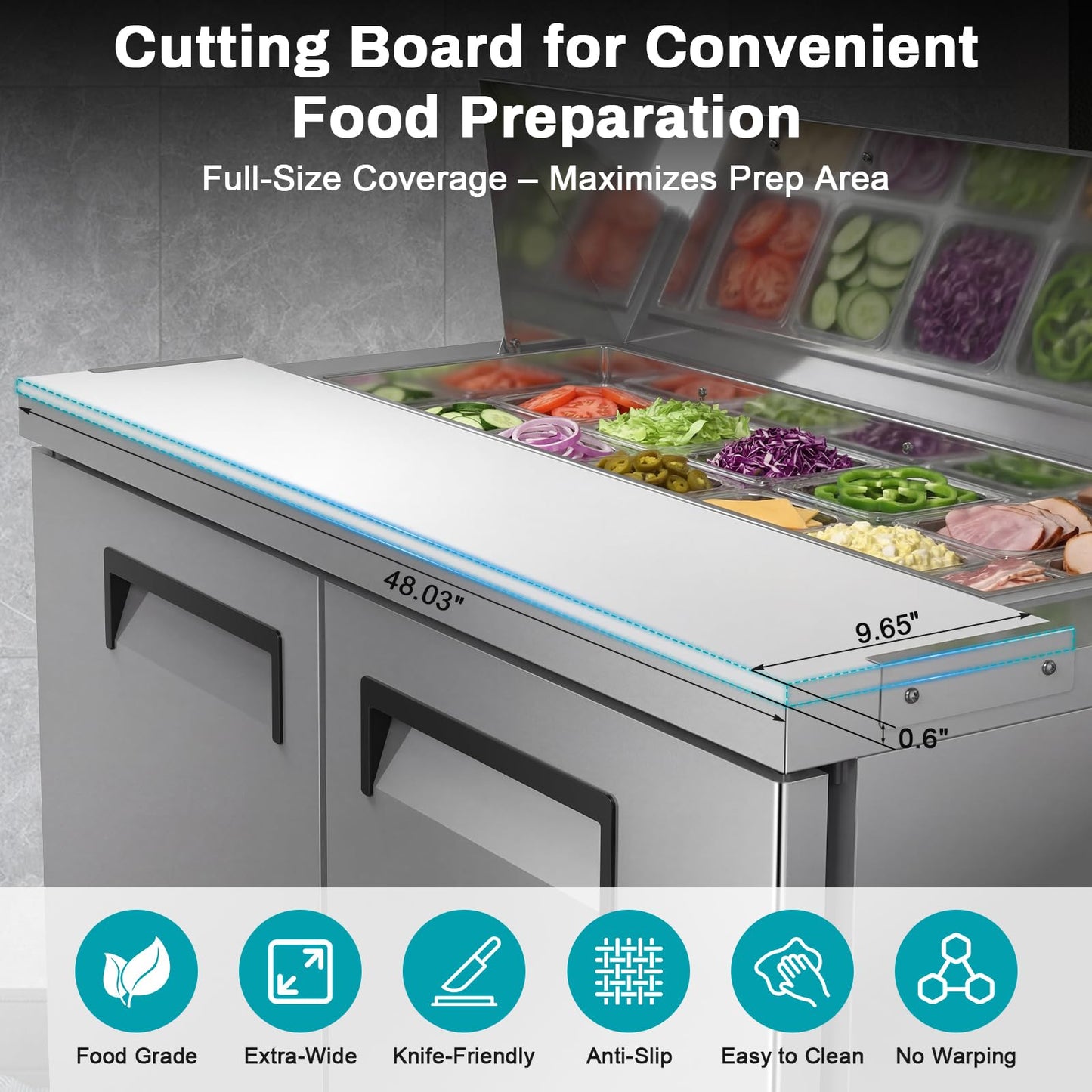 Velieta Commercial Refrigerator 48 inch, 12.7 cu.ft 2 Door Salad Prep Table, Stainless Steel with 12 Pans, Cutting Board & Casters, Sandwich Prep Fridge for Restaurant, Food Truck, Catering