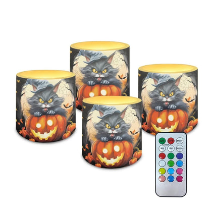 Merkmak Set of 4 Flameless Candles, Halloween Pumpkin Cat Battery Operated LED Candles with Timer Remote Control Tea Lights for Trick or Treat Party Home Decorations