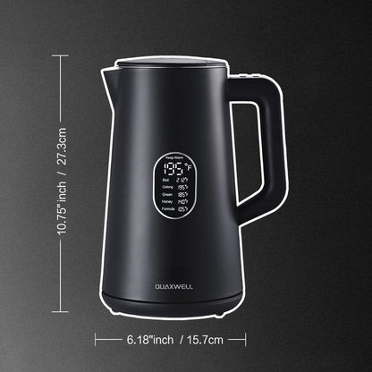 QUAXWELL 1.5L Electric Kettle Stainless Steel, Double Wall Cool Touch Teapot, Fast Boil, Precise Temperature Control, LCD Display, Auto Shut-Off, BPA-Free,Keep Warm Function, Ideal for Tea,Black
