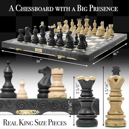 Wegiel Imperator 21-Inch Luxury Wooden Chess Set for Adults and Kids - Handcrafted from Premium Beech and Birch Wood - Unique Folding Design with Chess Piece Storage BlackImperator - Black