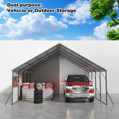 FLOUREE 20x20 FT Metal Carport with Sidewalls, Enclosed 2 Car Carport Canopy, Vertical Roof Metal Car Port for Snow, Rain & Sun, for Trucks, Boats and Outdoor Storage