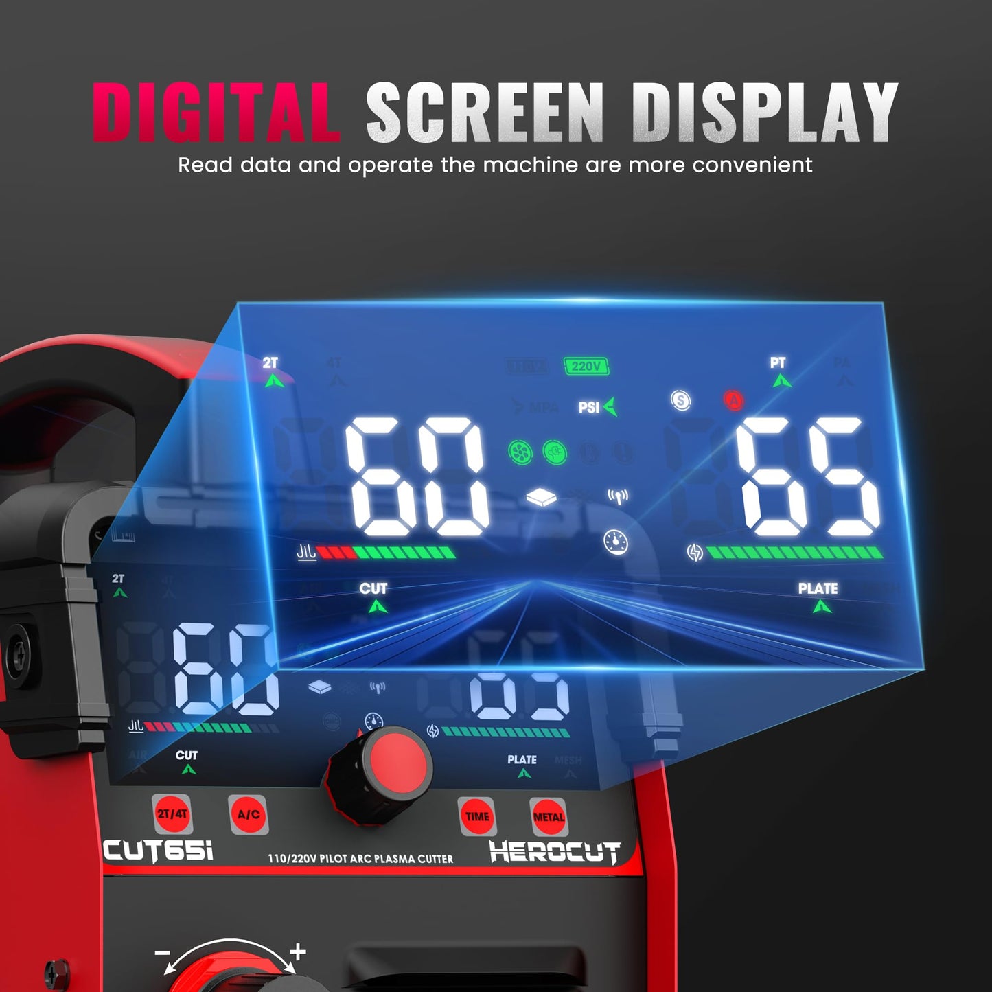 Plasma Cutter, 65Amps HEROCUT Plasma Cutter Machine CUT65i, Non-Touch Pilot Arc, 110/220V Dual Voltage IGBT Inverter, Screen Display, Air Sensor, 20mm Max Cutting Thickness, 2T/4T for Beginners DIY