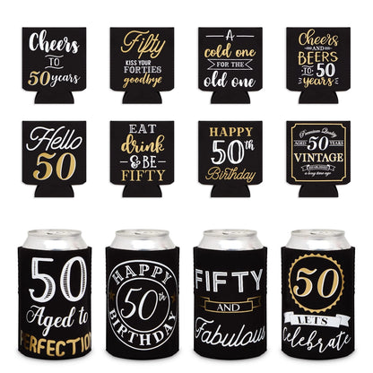 Sparkle and Bash 50th Birthday Can Cooler Sleeves - Medium, Black & Gold, 12-Pack - Insulated Neoprene Holder for 12 Oz Cans, 50th Birthday Party Favors & Decorations