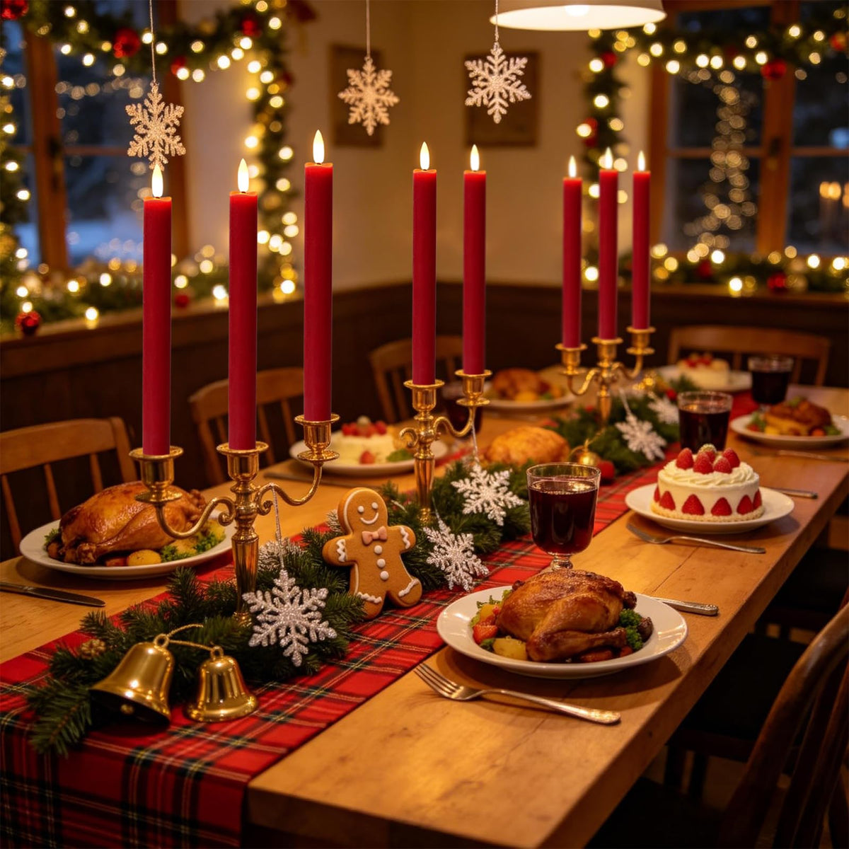 Wondise Flameless Taper Candles with Timer, 6 Pack Battery Operated LED Flickering Real Wax Red Candle for Christmas Wedding Dinner Decorations