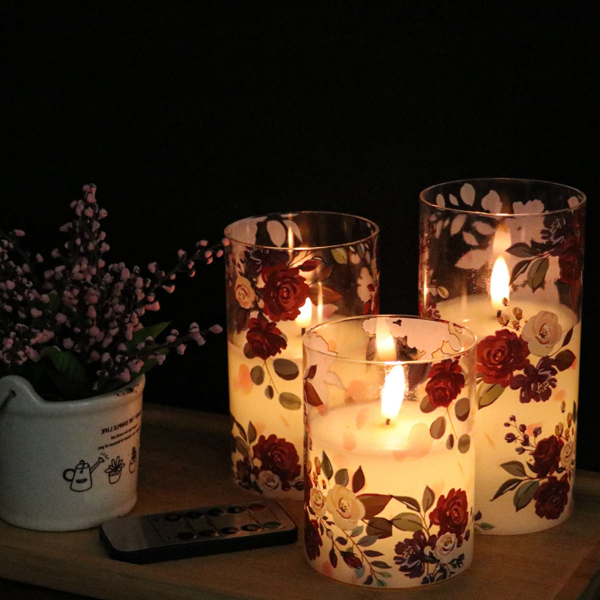 DRomance Battery Operated Glass Flameless Candles with Remote and Timer Real Wax 3D Wick Flickering Rose LED Pillar Candles Wedding Dinner Christmas Holiday Decor D3 x H4, 5", 6"