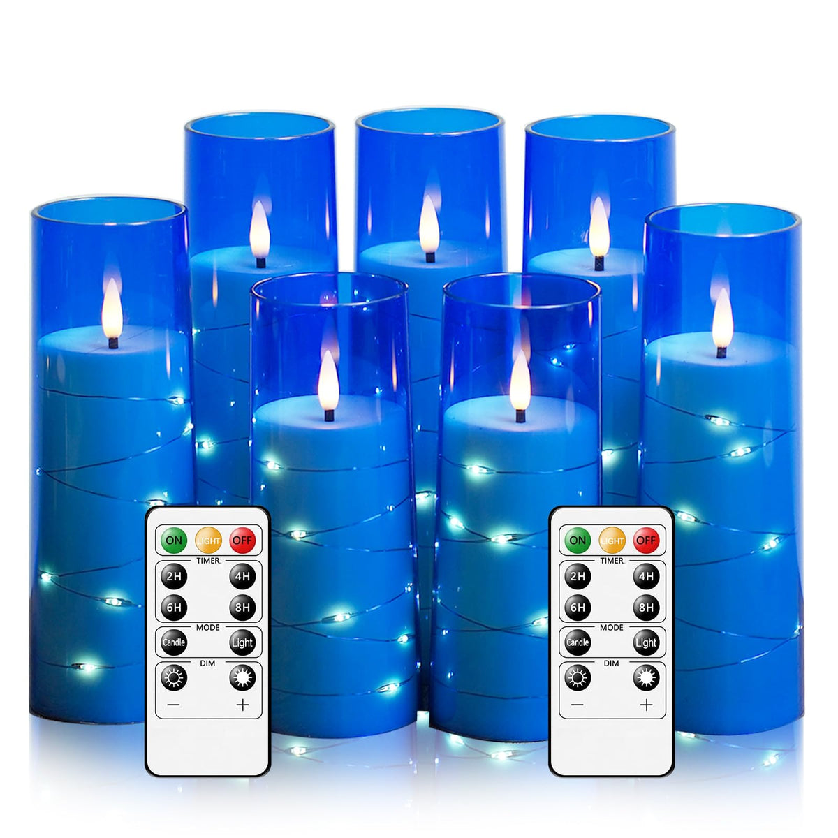 Flameless Candles,with Embedded Star String, Battery Operated Candles Flickering LED Pillar Candles with Remote Control and Timer, Home Decoration Add a Warm and Romantic Atmosphere，Set of 7 (Blue)