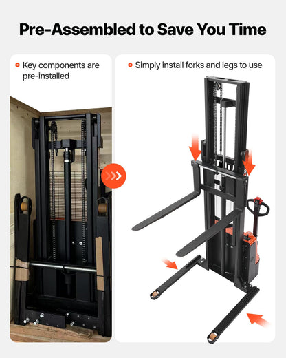VEVOR Full Electric Pallet Stacker, 3300 lbs Capacity, 130'' Lifting Height, Pallet Lift Stacker Forklift with Straddle Legs & Forks, 8.66-31.1 Inches Adjustable Fork Width, Orange & Black