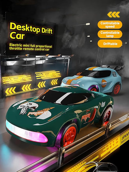 Mini RC Drift Car for Adults 1/64 Desktop Drift Car with Colorful Lights Desk Remote Control Cars for Race Hobby Gifts and Toys (Matte Green Concept Model)