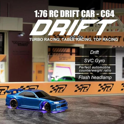 Turbo Racing 1:76 Scale Drift RC Car Table Racing 2.4GHZ Remote Control Mini Model Car with Gyro Full Proportional RTR for Adults Toys (C64-Blue)