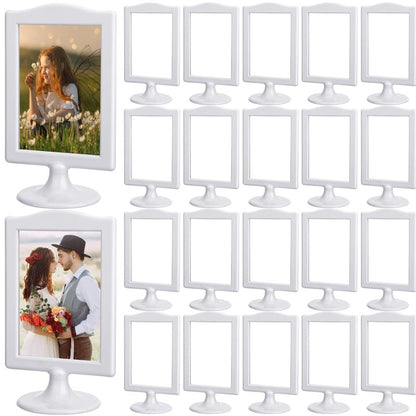 Amyhill 20 Pcs Double Sided Standing Picture Frames 4 x 6 Pedestal Photo Frame Plastic Each Holds 2 Pictures Tabletop Vertical Display for Wedding Table Bridal (White)