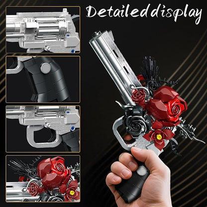 Guns &amp Petals Decorative Revolver Building Blocks with Red Roses Gothic Rose Revolver Building Kit Gothic Style Display Piece Creative Gift for Adults Teens 631 PCS