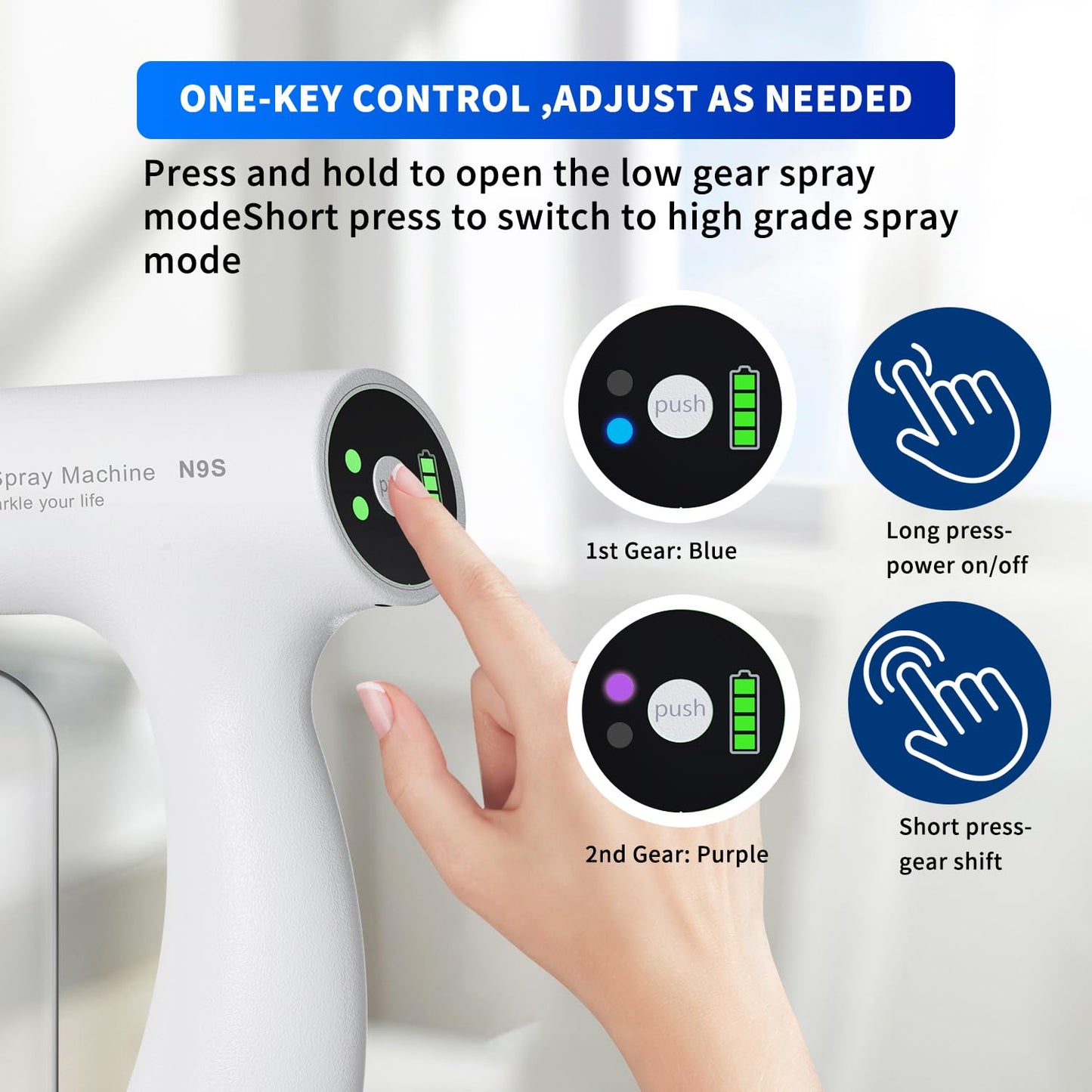 ULV Electrostatic Nano Mist Sprayer with Blue Light, 350ml Cordless Handheld for Home Car Office Salon Multi-Surface Cleaning (N9S White)