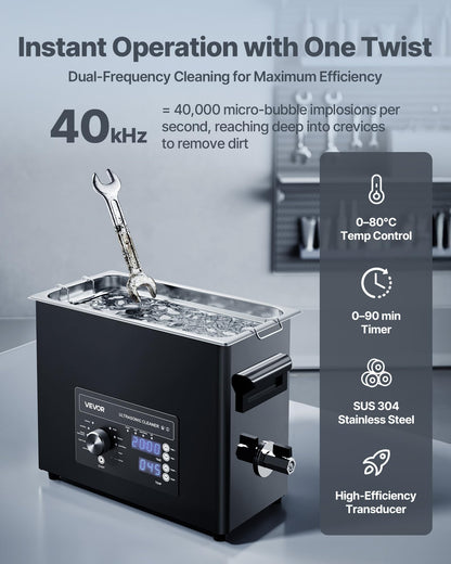 VEVOR 6L Ultrasonic Cleaner, Professional Ultrasonic Cleaner Machine with Knob Control, Stainless Steel Cleaning Machine with Basket and Cleaning Ball, for Watches, Razors, Jewelry, Coins and More