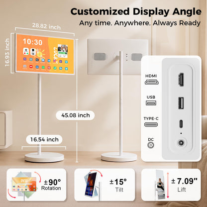 32 Inch Smart Portable TV, FHD Touch Screen Rolling Monitor on Wheels, Android 15 8GB +128GB, Wireless Tablet Display with Camera, 20W Speaker, EDLA-Certified 38,400 mAh Battery Voice Airmouse Remote