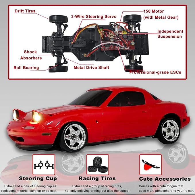 Skymaker LDRC Mazda MX5 Miata RC Drift Car 1/18 2.4GHz Drifting with Gyro Pop-up Lights RWD Drift Car for Adult Gift (Red with 2 Batteries)