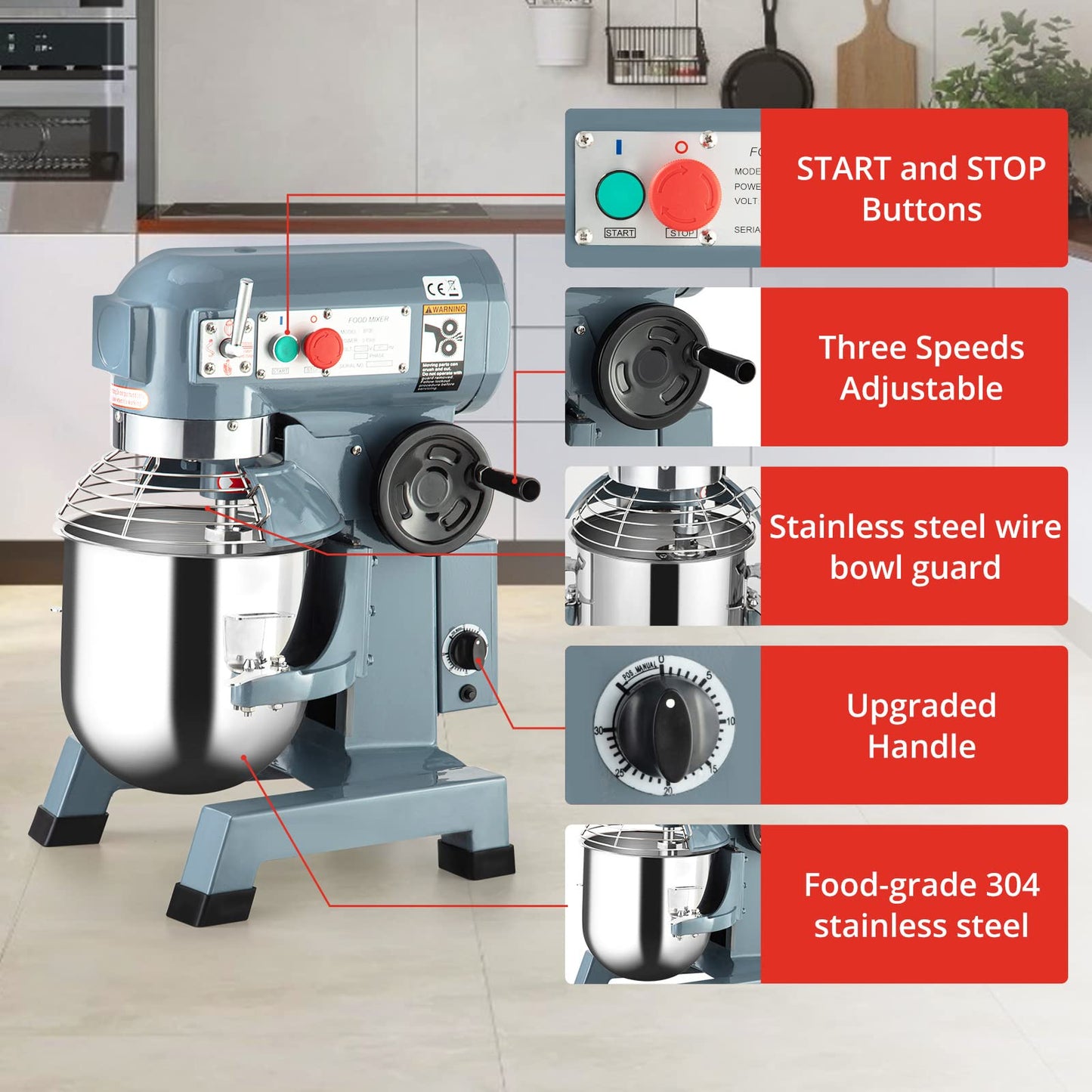 15 QT Commercial Food Mixer - Powerful 600W Motor, 3 Speeds, Stainless Steel Bowl & Attachments - Perfect for Bakeries, and Commercial Kitchens - Reliable Performance with Safety Guard