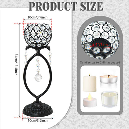 kehail 2 Pcs Elegant Metal Crystal Tea Light Candle Holders with Crystal Pendants, Hollow Design - Wedding Table Centerpieces for Anniversary Birthday Party, Home Decor (2, Black)
