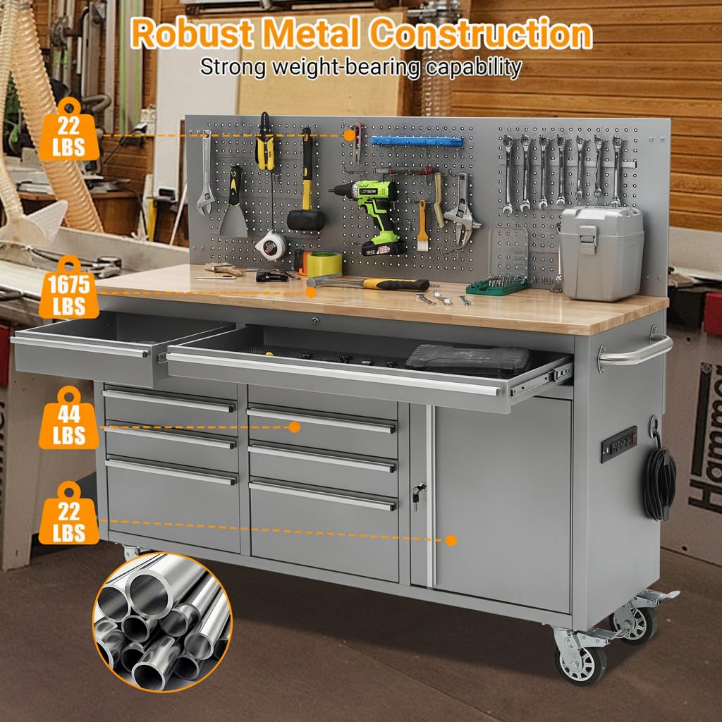 Garvee 61-inch Rolling Tool Chest, 10 Drawers Garage Workbench Storage Tool Cabinet with Power Strip, Solid Rubber Wood Top, 1675 LBS Load Mobile Workstation, Heavy Duty Rolling Cabinet