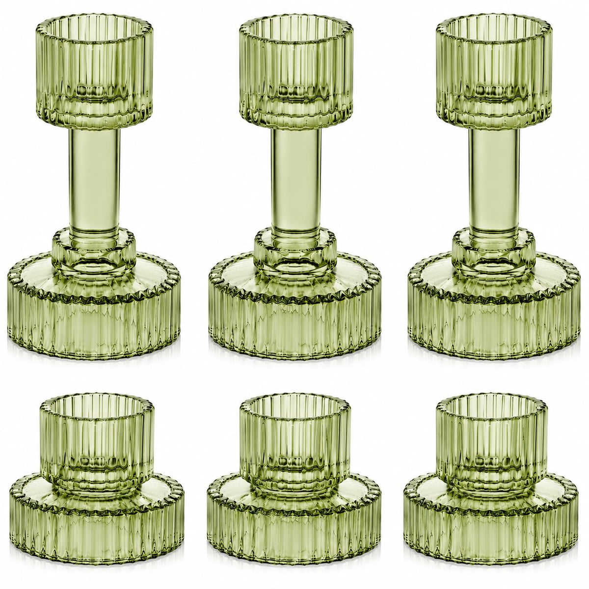 Lanttu Green Glass Taper Candle Holders Set of 6 Candlestick Holders Bulk Combination Candle Holders Crystal Candle Holders for Wedding, Table Centerpiece, Home Decoration