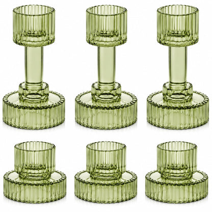 Lanttu Green Glass Taper Candle Holders Set of 6 Candlestick Holders Bulk Combination Candle Holders Crystal Candle Holders for Wedding, Table Centerpiece, Home Decoration