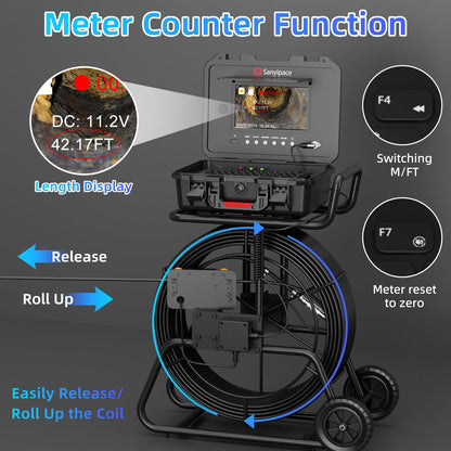 Sanyipace Sewer Camera 165FT/50M with 512Hz Transmitter, Self-Leveling, Drain Plumbing Pipe Inspection Camera with Mic Speaker, DVR Recorder, 16GB TF Card, 9mm Rigid Cable, Pipe Pulley Guide Wheel