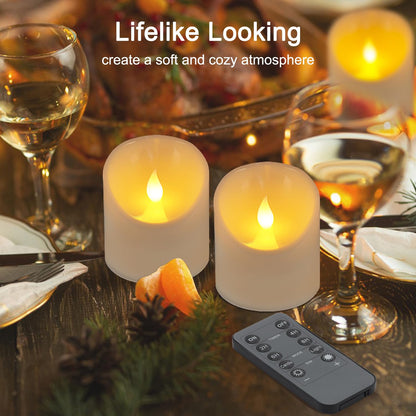 Tediselu 3"x3" Flickering Flameless Candles, Realistic LED Candles, Battery Operated Candles with Remote and Timers, Real Wax Electric Fake Pillar Candles for Festival Wedding Home Party Decor -2Pack