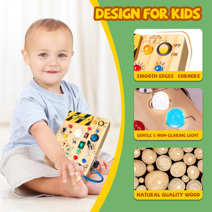 Iabedi Busy Board, Montessori Toy for 1-3 Years Old, Wooden Toddler Sensory Travel Toy, Ideal Gift for 1+ Year Old Boys (Busy Board Plus V2), Medium, Yellow