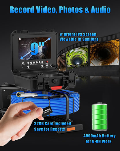 Sewer Camera Self Leveling 9'' with 512Hz Sonde & Meter Counter, 100ft Drain Inspection Camera w/ 7MM Cable, 12 LEDs, 23MM 1080P Self Leveling Probe, Waterproof 32GB DVR Pipe Endoscope for Plumbing