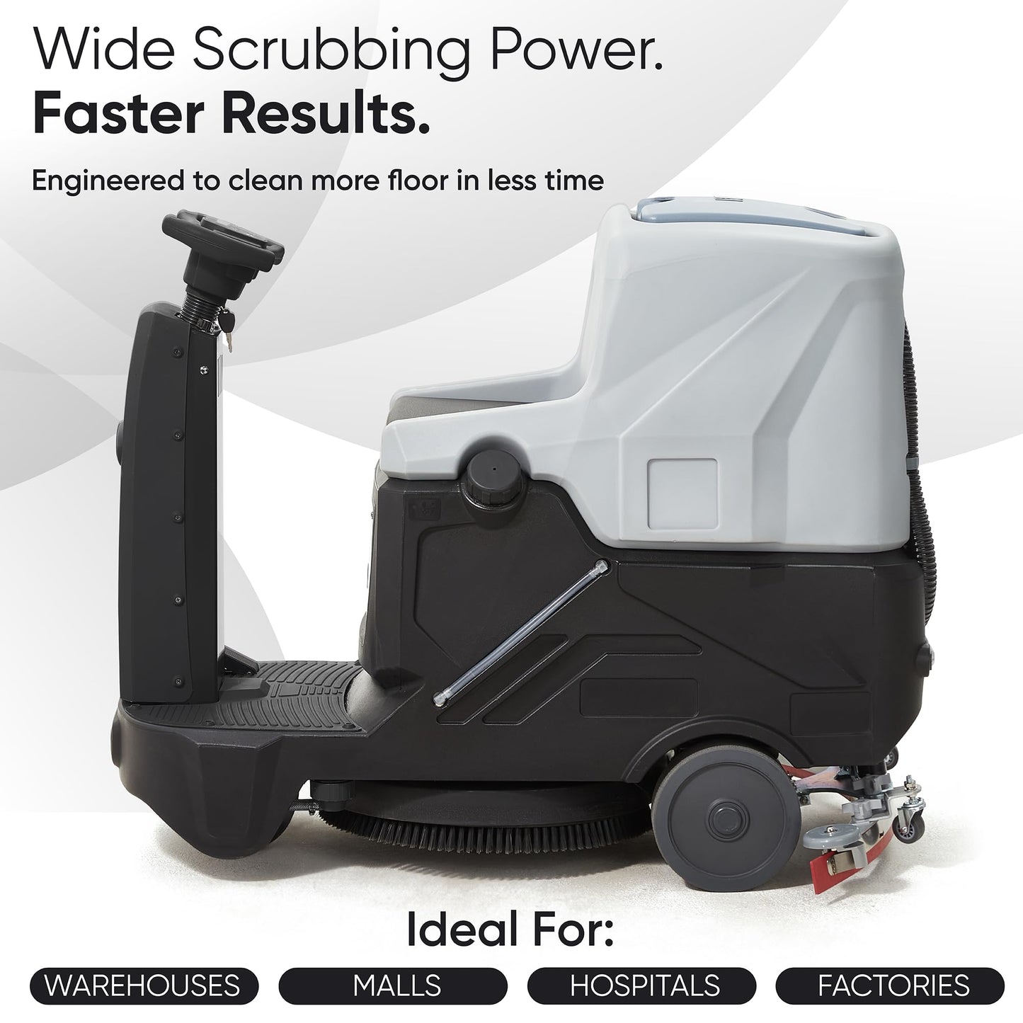 Battery Powered Ride-On Commercial Floor Scrubber Machine, 22" Brush, 31.5" Squeegee Width, 19 gal Solution Tank, 20 gal Recovery Tank, 5 hr Use 7 hr Charge, 200 RPM, 48,400 Sqft/H, Batteries Included