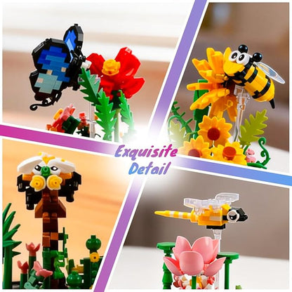 Insect Flowers Collection Micro Building Toy Set with Dust Cover Flower Plants Bug Botanical Set for Nature Decor Bug Building Office Home Decorative Plant Decor Birthday Gift for Adults Kids