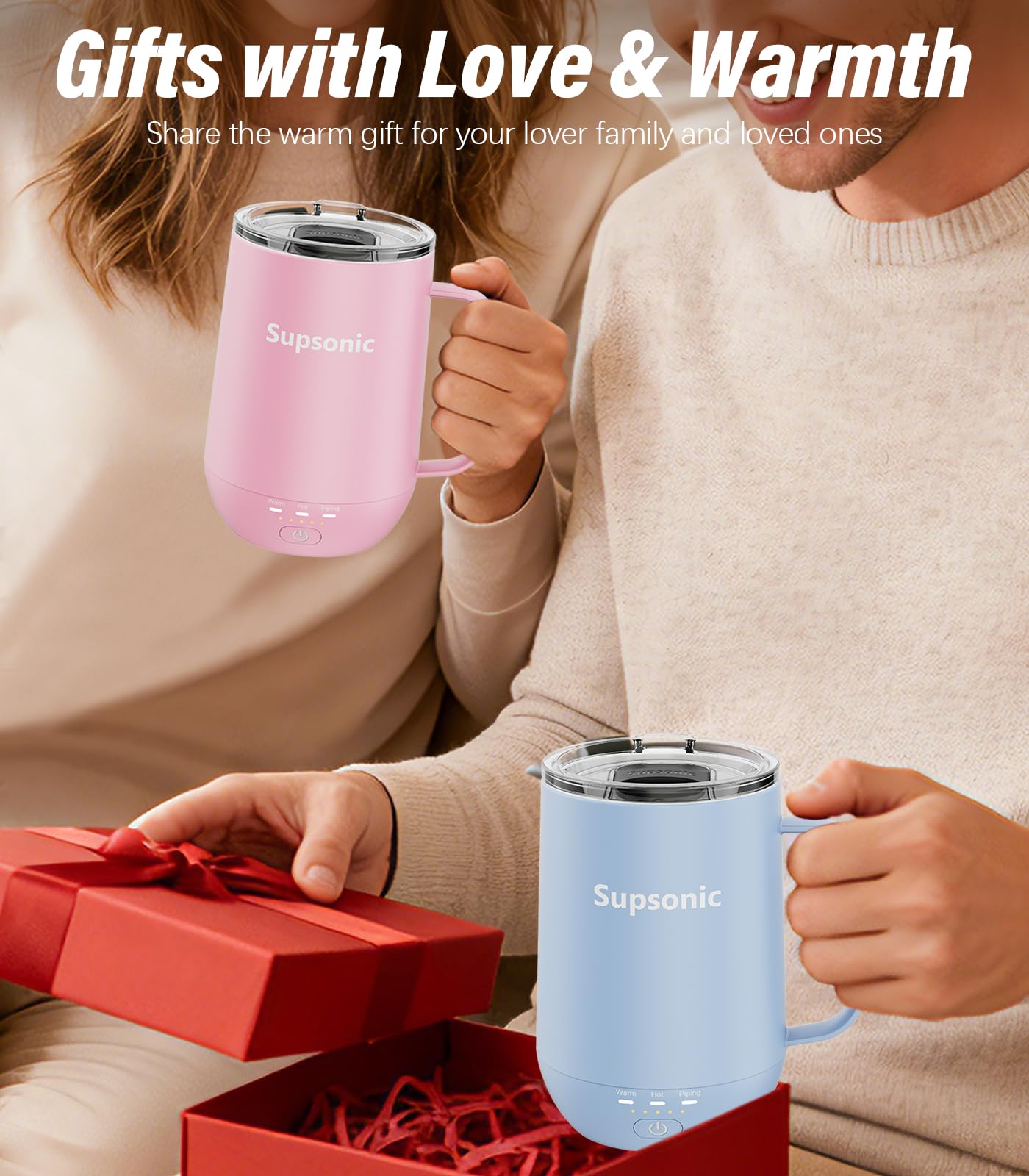 Supsonic - 16oz Self Heating Coffee Mug, Smart Heated Coffee Mug Faster Direct-Contact Heating Up to 149°F, Coffee Mug Warmer Set with Auto Shut-Off - Gifts for Men Women | S2