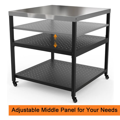 Mimiuo 31.5" Square Pizza Oven Stand – Heavy Duty Stainless Steel Table for Ooni, Blackstone, Ninja, Outdoor BBQ Cart with 3 Adjustable Shelves, Locking Wheels, Propane Tank Compatible 31.5x31.5x33 in
