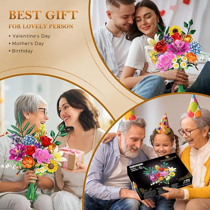 Flower Bouquet Building Set 1043 PCS Bouquet Botanicals Collection Easter Gift for Her Girlfriend Wife 15 Artificial Flowers Building Blocks Home Decor for Adults Kids Teens Women Birthday