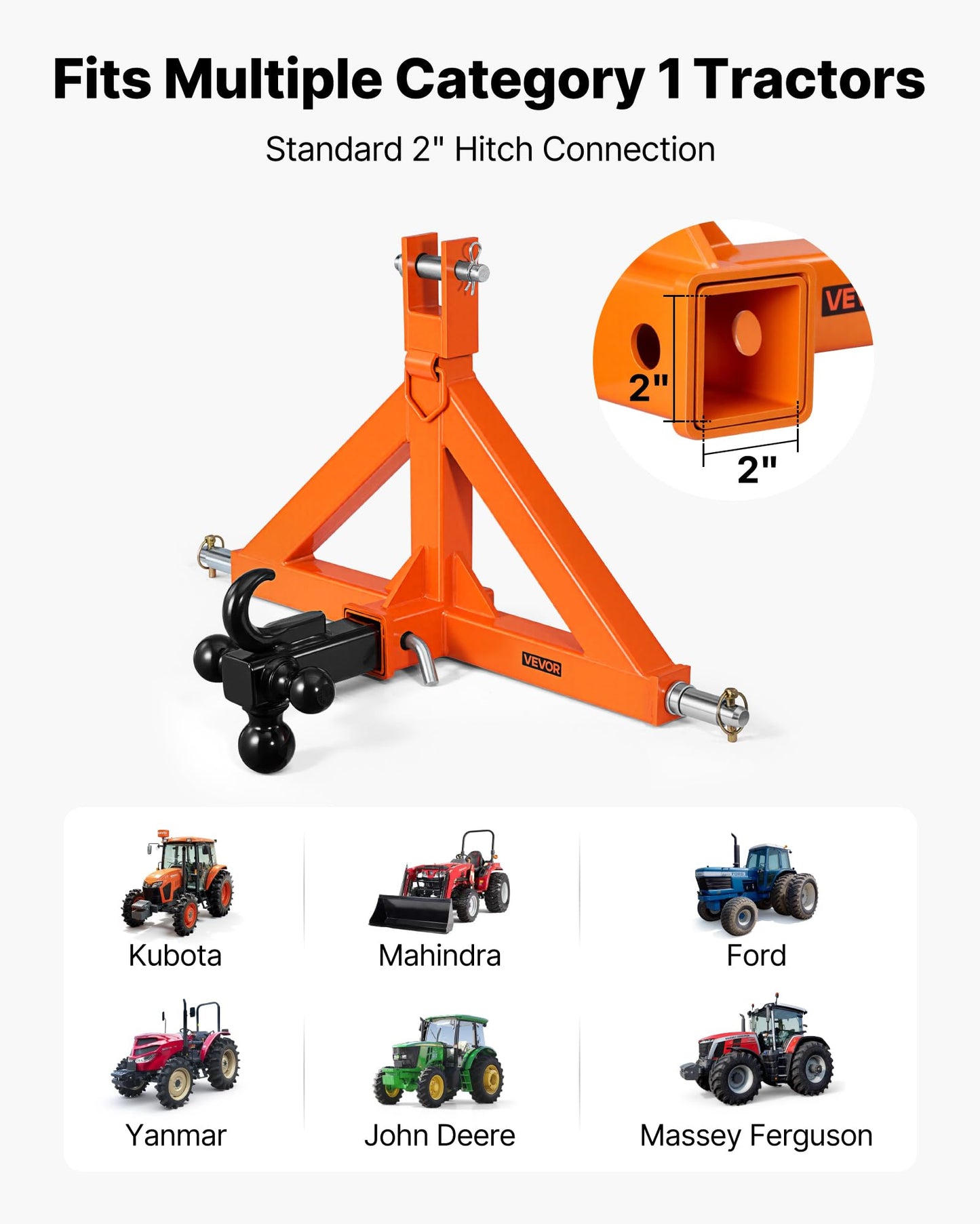 VEVOR 3 Point Trailer Hitch with 2" Receiver, 3 Pt Quick Hitch Attachment with 3 Trailer Balls, Tractor Tow Drawbar Adapter for Category 1, Kubota, Mahindra, Ford, Yanmar, John Deere, Massey Ferguson