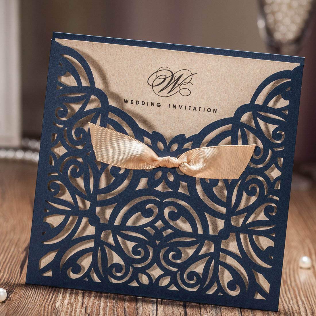 WISHMADE Jofanza 5.9x5.9 Inch 50PCS Navy Blue Laser Cut Wedding Invitation Cards with Bowknot and Envelopes Kraft Paper Blank invitation for Wedding Engagement Party Invite