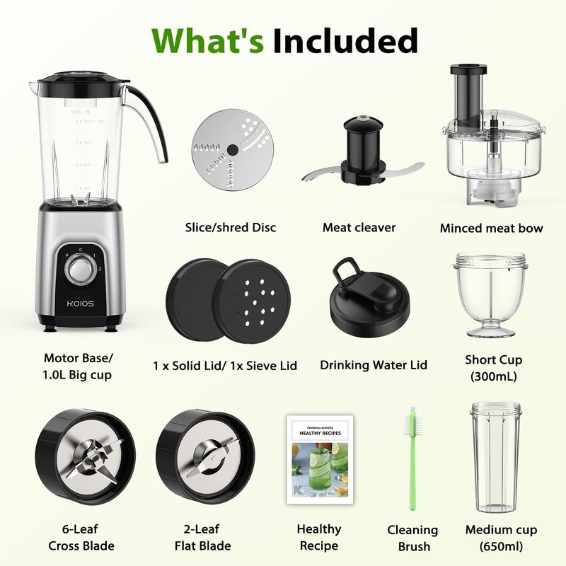 KOIOS 900W Countertop Blenders for Shakes and Smoothies, Protein Drinks Baby Food Nuts Spices, Grinder for Beans, 11 Pes Personal Blender with 2x18.6oz and 10oz Cups, Non-BPA
