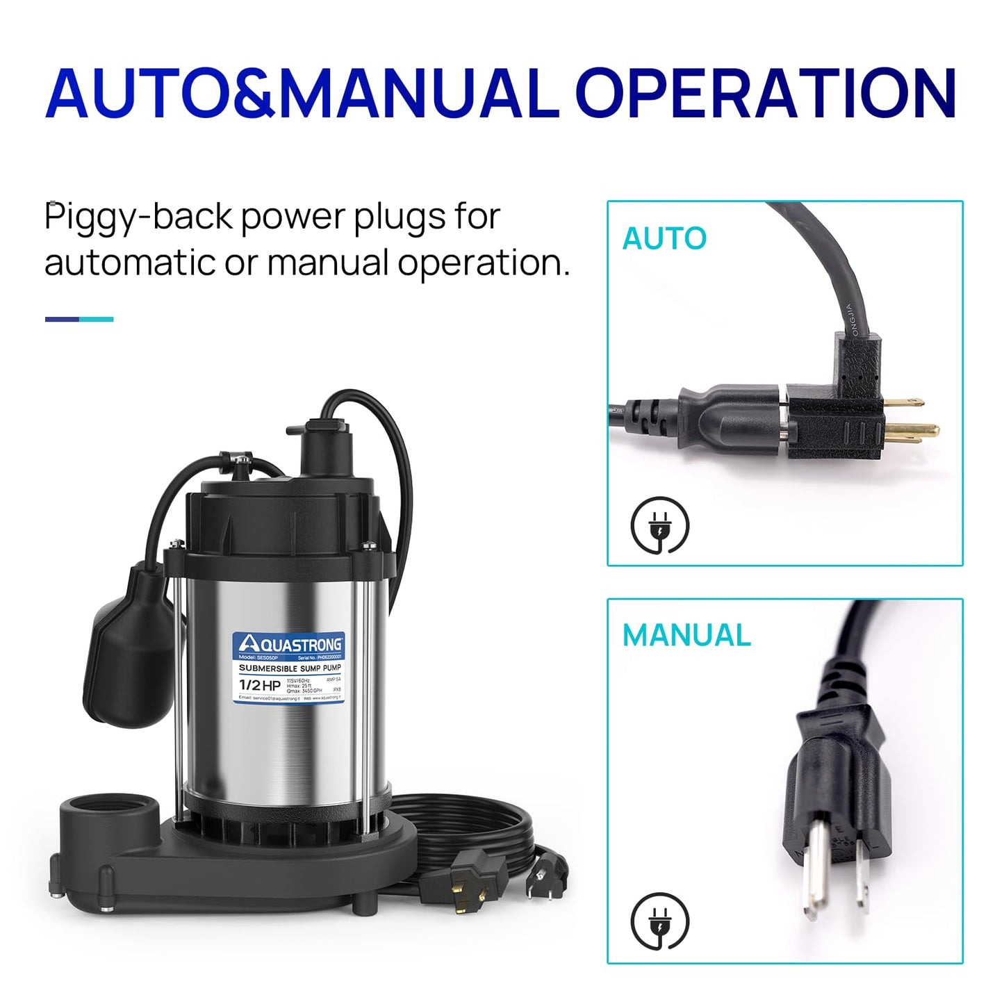 AQUASTRONG 1/2 HP Sump Pump, 3450 GPH Stainless Steel and Thermoplastic Submersible Water Pump, Automatic Float Switch with Piggy-back Plug,1-1/2" NPT Discharge Subpumps for Basement and Flooding Area