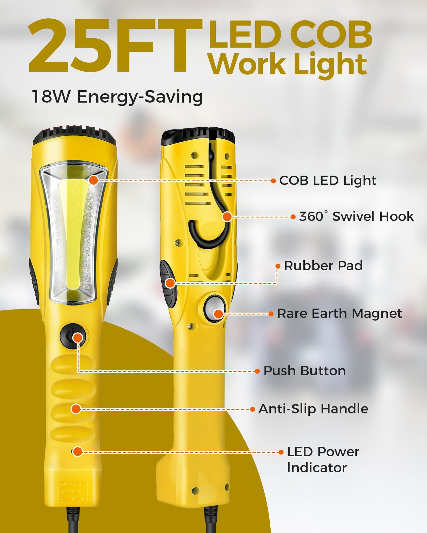 WILAWELS 50 FT 14AWG/3C SJTOW Retractable Extension Cord Reel and 18W 2000LM 25FT LED Work Light Bundle, for Garage, Workshop, Car Repair Scene B50CR06- Y04WL06