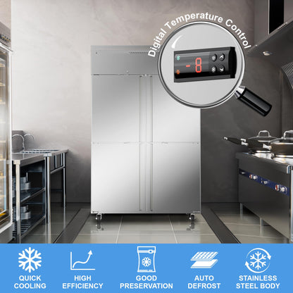 ECEVT 48"W 4 Door Commercial Freezer, 36 Cu.ft Stainless Steel Upright Freezer (-8℉ to -1℉) with 8 Adjustable Shelves, Lockable Door, Wheels, Auto-Defrost for Restaurant, Kitchen, Shop