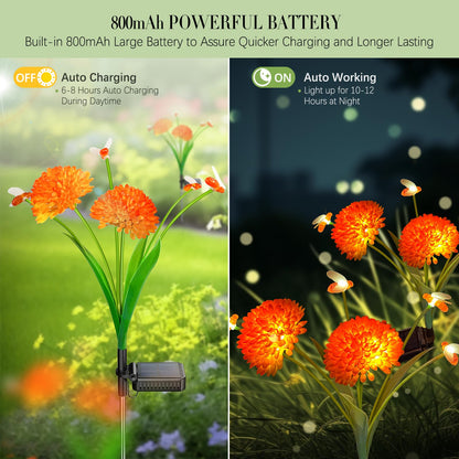 Solar Garden Lights, 4 Pack Solar Swaying Bee Lights with Flowers, Waterproof Solar Firefly Lights Outdoor for Garden Patio Yard Pathway Fall Decoration Gifts for Women Mother's Day