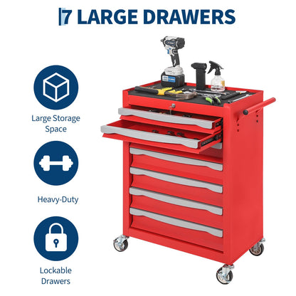 7-Drawer Tool Chest, Rolling Tool Cart with Wheels, Large Capacity Tool Storage Cabinet with Keyed Locking,Drawer Liners&Link Buckle, for Garage, Workshop, Warehouse,24.21"L * 13.78"W * 34.06"H Red