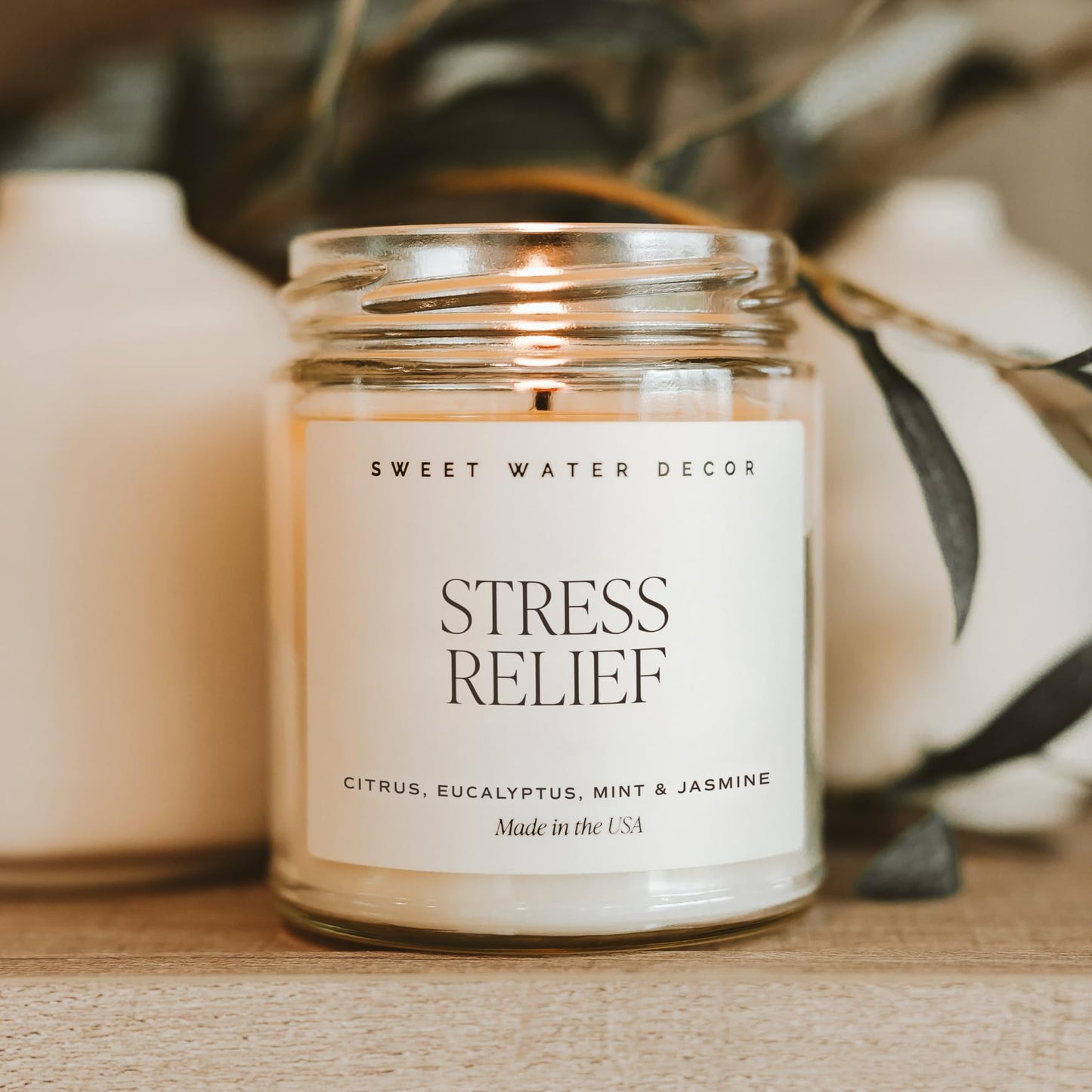 Sweet Water Decor Stress Relief Soy Candle - Lemon, Eucalyptus, Mint, Jasmine Scented Relaxing Candles for Home - 9oz Clear Jar + Gold Lid, 40+ Hour Burn Time, Made in The USA