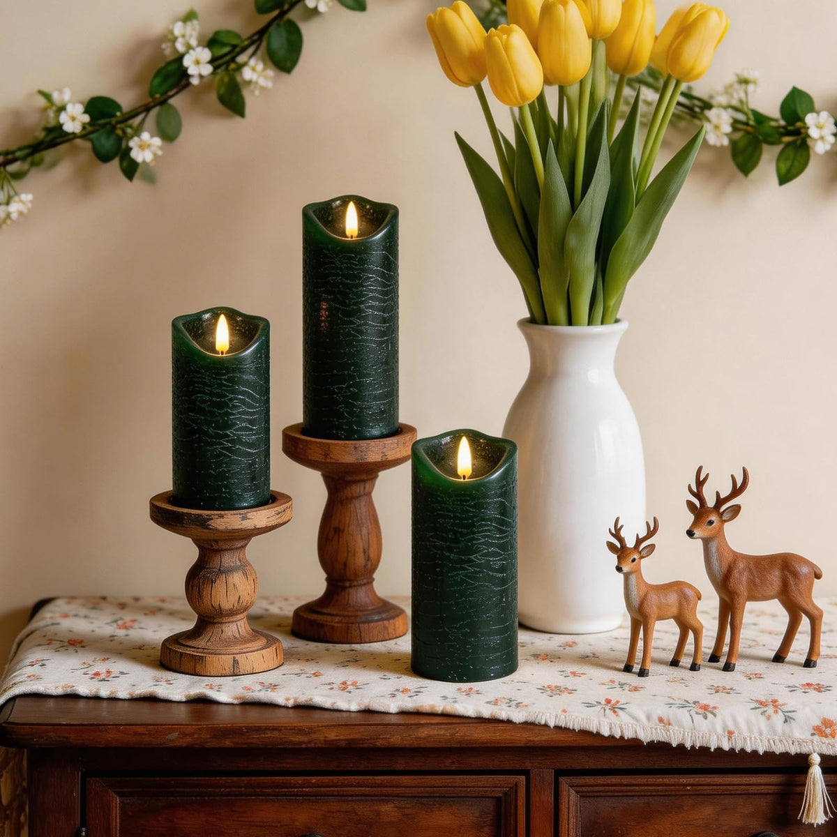 MiKoyi Flameless Pillar Candles with Remote, Battery Operated Candles Real Wax, [5-Pack] Fake LED Flickering flameless Candle with Timer Function for Room Home Decor (2.2" * 5/5.5/6/7/8") - Green