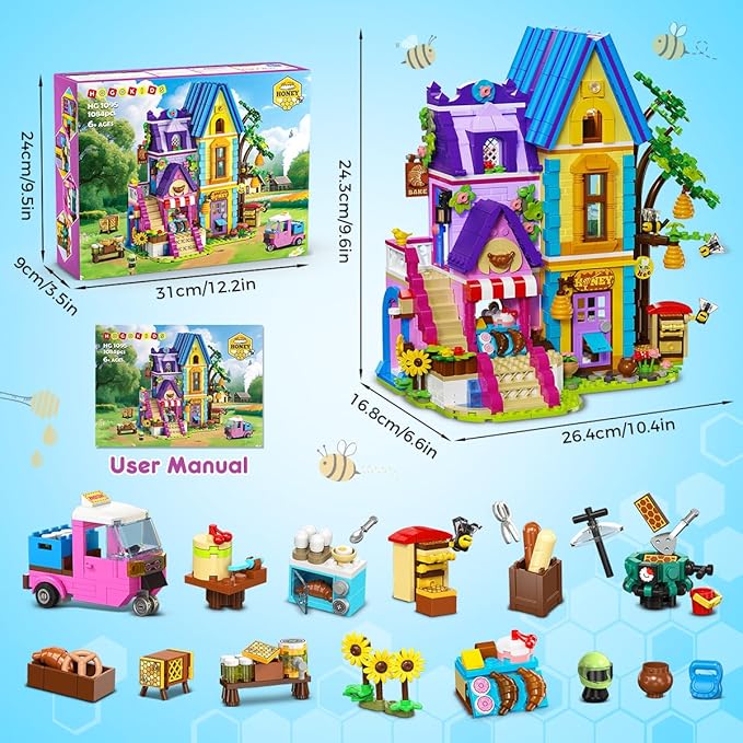 HOGOKIDS Beekeeping &amp Bakery House Building Toy with LED Light - 1084PCS Friends Girls Baking Building Set with Honey Workshop Pretend Play Birthday for Kid Girls Boys Ages 8-12+ Years