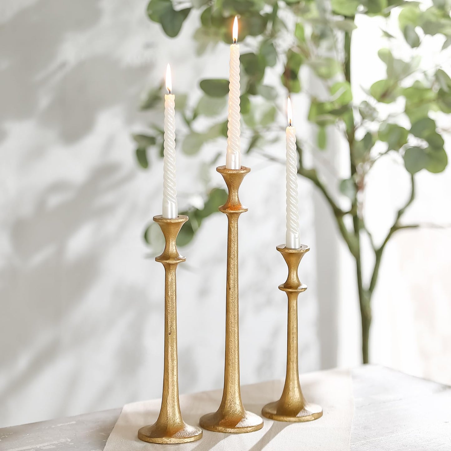 Wenbery Gold Taper Candle Holders Set of 3, Heavy Candlestick Holders Decorative Candle Stand for Table Centerpiece, Cast Iron Candle Stick Holder Decor